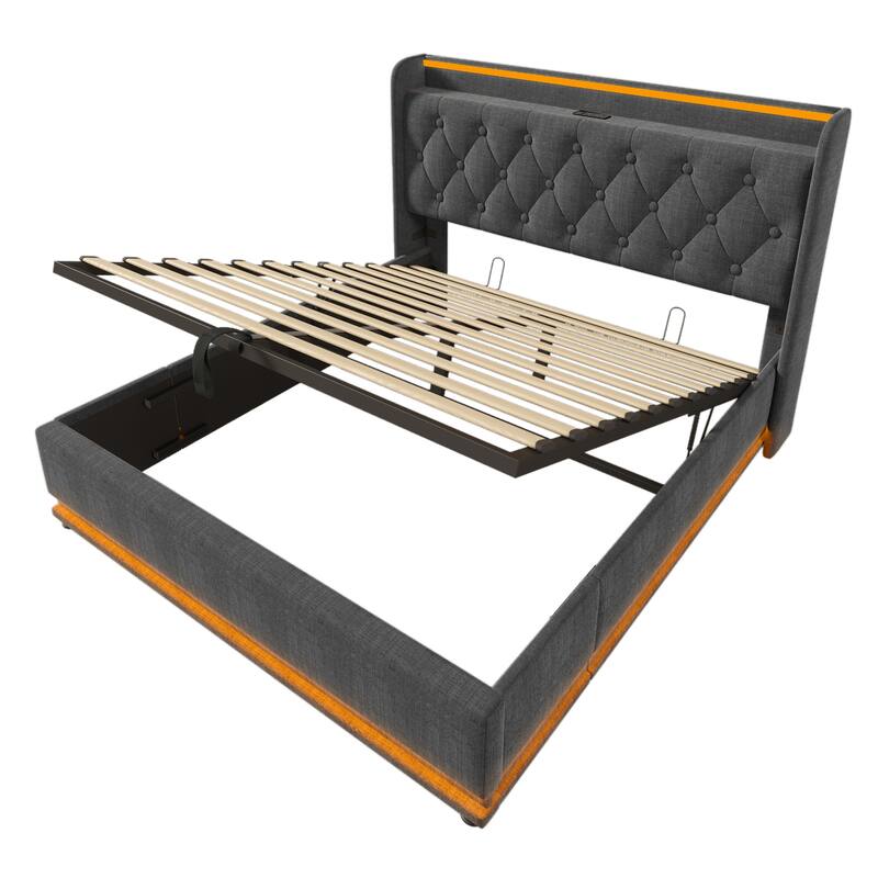 King Size Platform Bed Underbed Storage Bed with Wingback Tufted Headboard, USB and 360 Surround LED Strip, Linen Upholstered