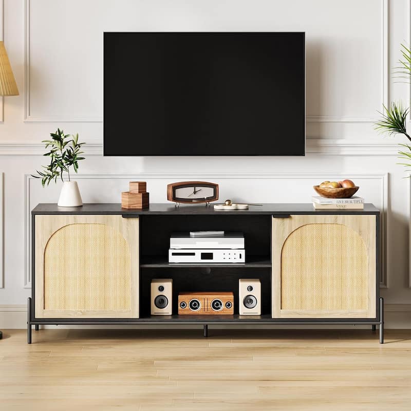 Modern Rattan TV Stand for Living Room, Bedroom, TV Console with Adjustable Shelf for 75 Inch TV - N/A - Black