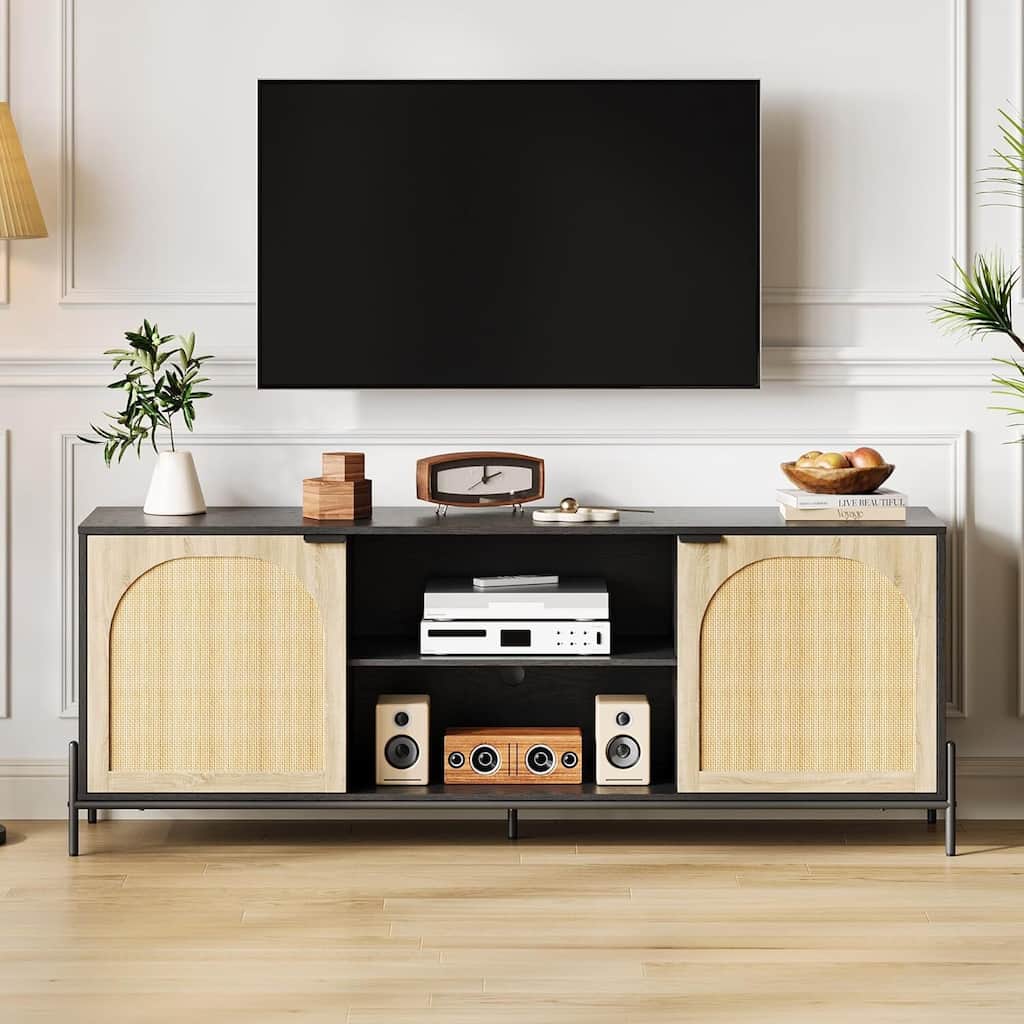 Modern Rattan TV Stand for Living Room, Bedroom, TV Console with Adjustable Shelf for 75 Inch TV - N/A