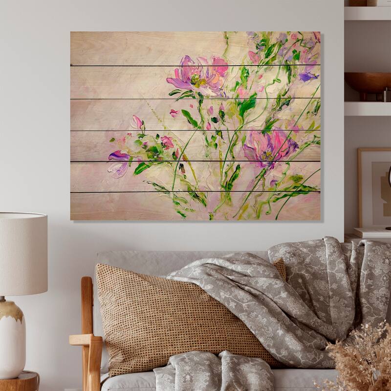 Designart 'Modern Purple Spring Flowers' Traditional Wood Wall Art Décor - Natural Pine Wood - 12 In. wide X 8 In. high