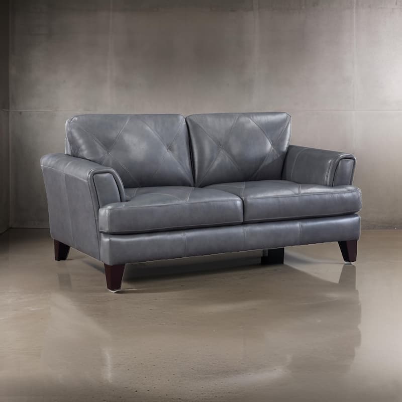Lisa 71 Inch Loveseat, Gray Top Grain and Split Leather Brown Solid Wood