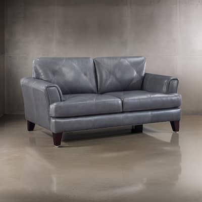 Lisa 71 Inch Loveseat, Gray Top Grain and Split Leather Brown Solid Wood