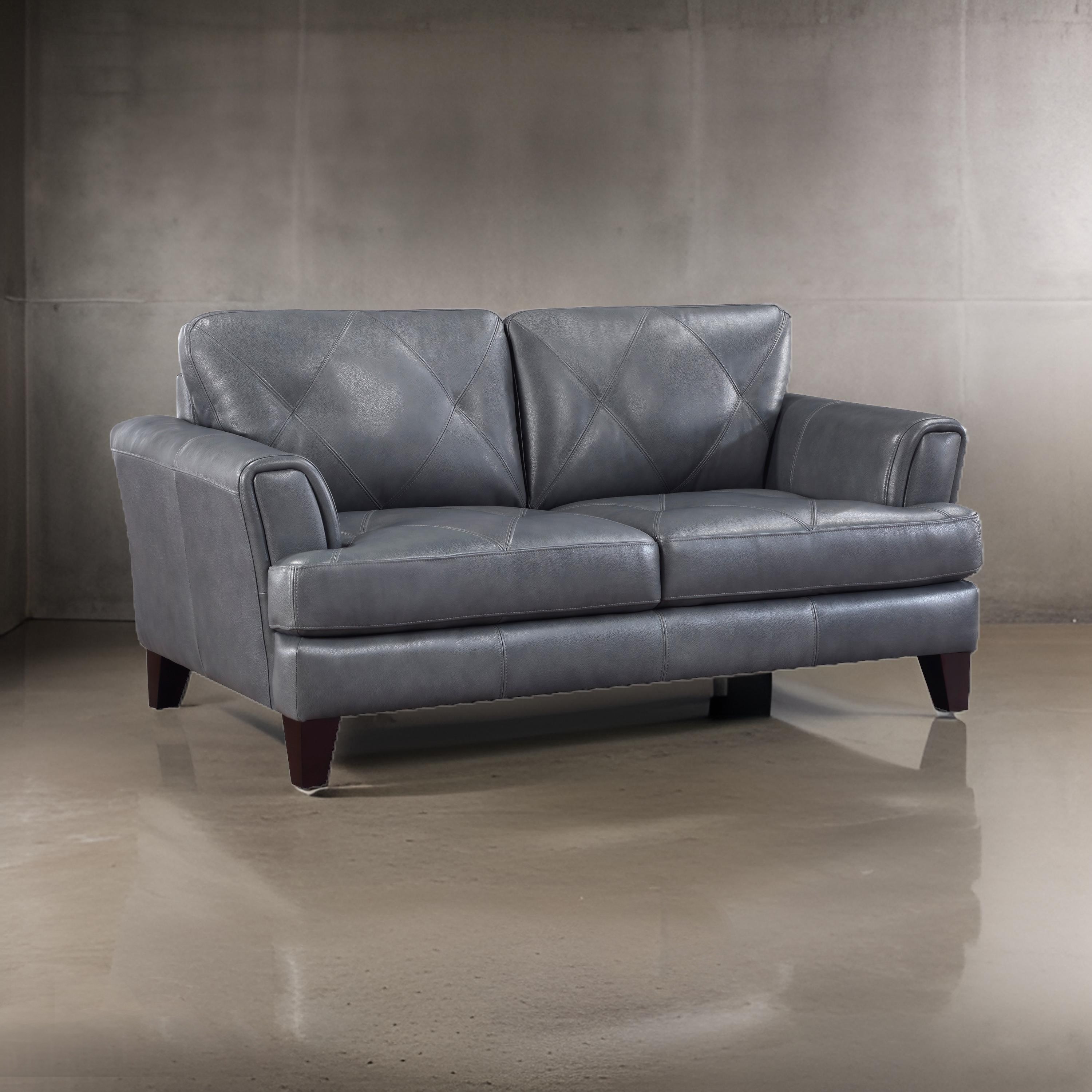 Lisa 71 Inch Loveseat, Gray Top Grain and Split Leather Brown Solid Wood
