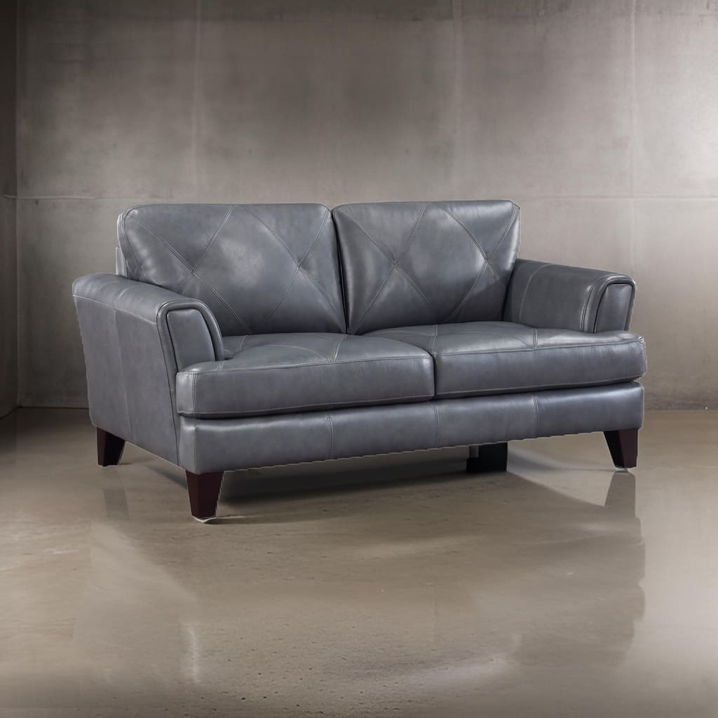 Lisa 71 Inch Loveseat, Gray Top Grain and Split Leather Brown Solid Wood
