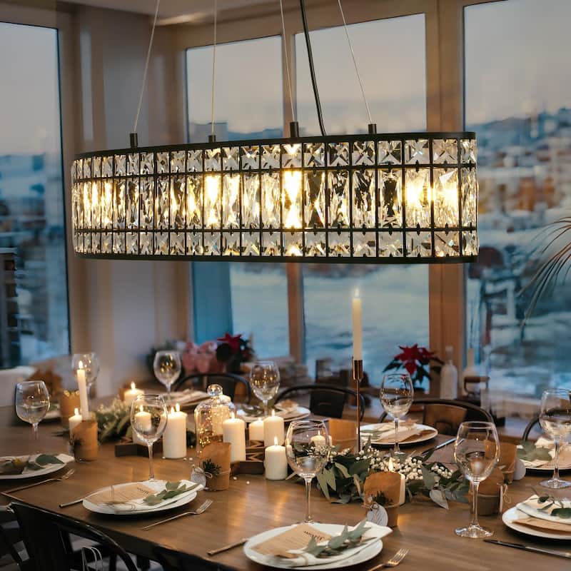 Modern Oval Black 4-Light Crystal Chandelier for Dining Room Kitchen Island - L31.5" x W9" x H67"
