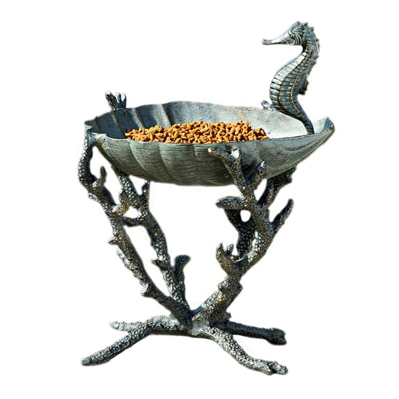 Verdigris Finish Aluminum Seahorse Birdbath / Bird Feeder - 18 X 13.5 X 12.5 inches