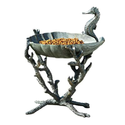 Verdigris Finish Aluminum Seahorse Birdbath / Bird Feeder - 18 X 13.5 X 12.5 inches