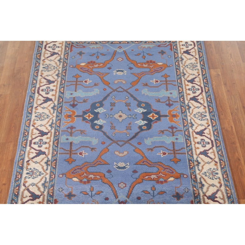 Floral Blue Oushak Oriental Area Rug Handmade Geometric Wool Carpet - 4'1"x 5'11"