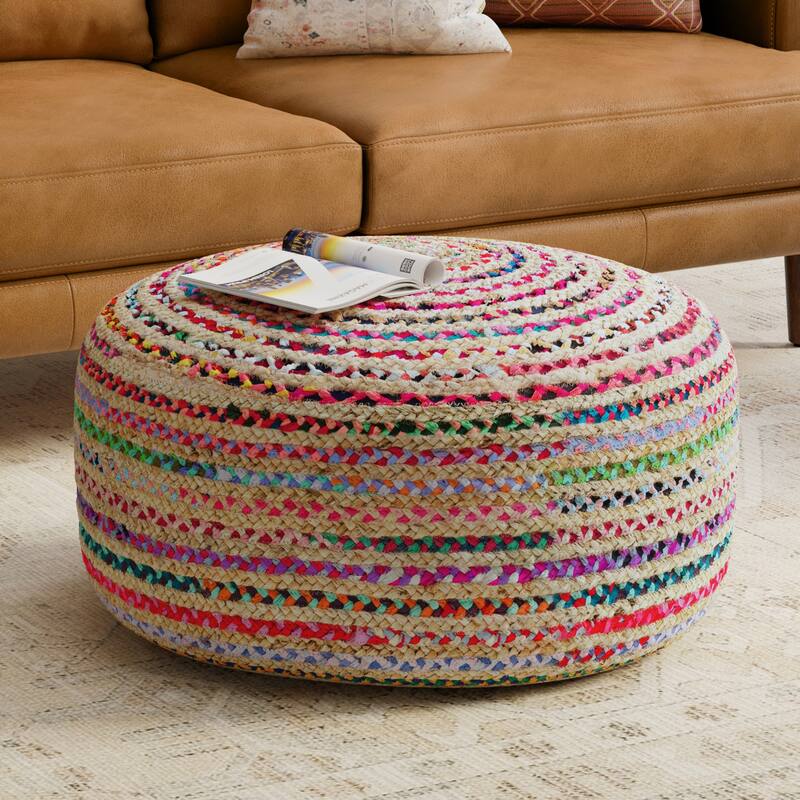 Jute Woven Pouf Ottoman - Multicolor