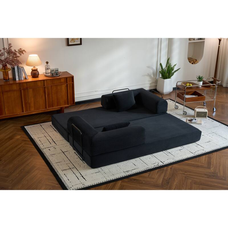 Convertible Sleeper Sofa Bed with Pillow, Corduroy Folding Mattress Couch with Fixed-Shape Frame, Floor Lounge Loveseat Sofa