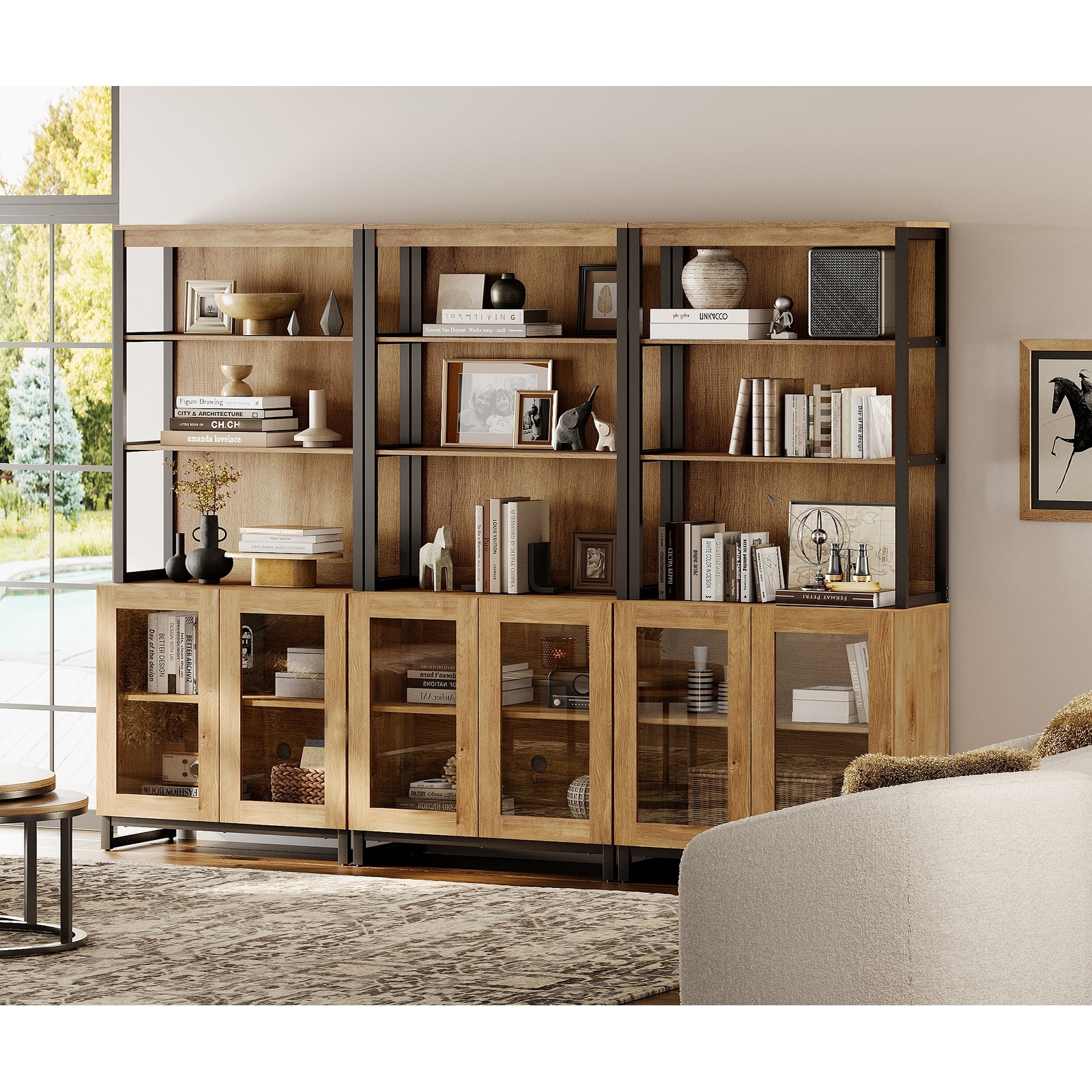3 PCS Modern 72" Tall Bookcases with Glass Doors and Adjustable Shelves for Home Office, Living room.