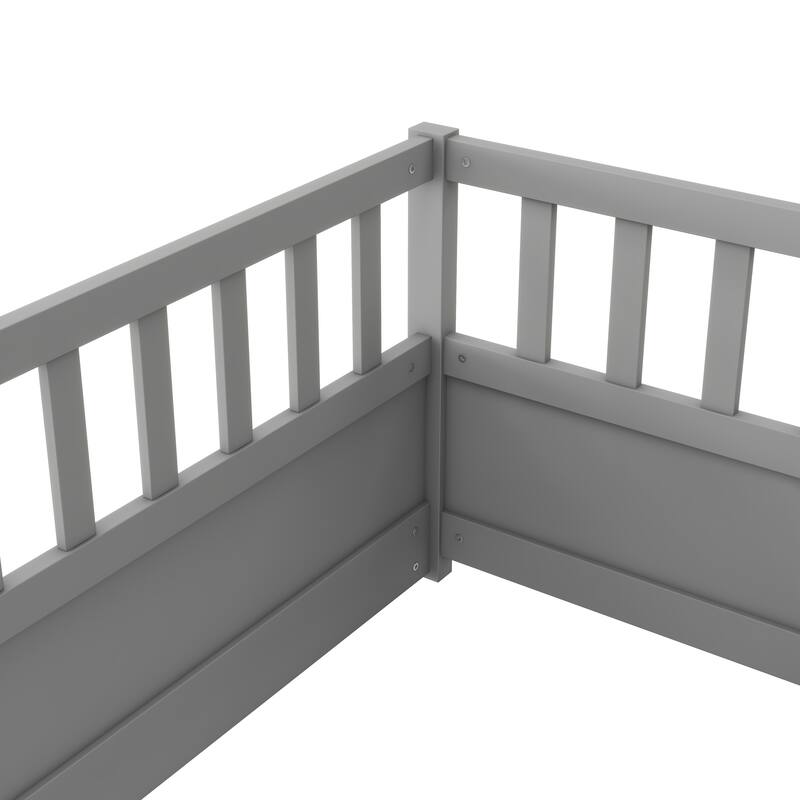 Twin Size Floor Bed Frame with High Security Fence, Pine Wooden Bed Frame, Safe and Stylish for Kids, Children Floor Bed