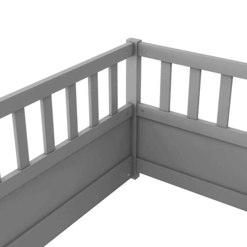 Twin Size Pine Wood Floor Bed, Integral Construction with Super High Security Barrier, Door, Children's Floor Bed Frame