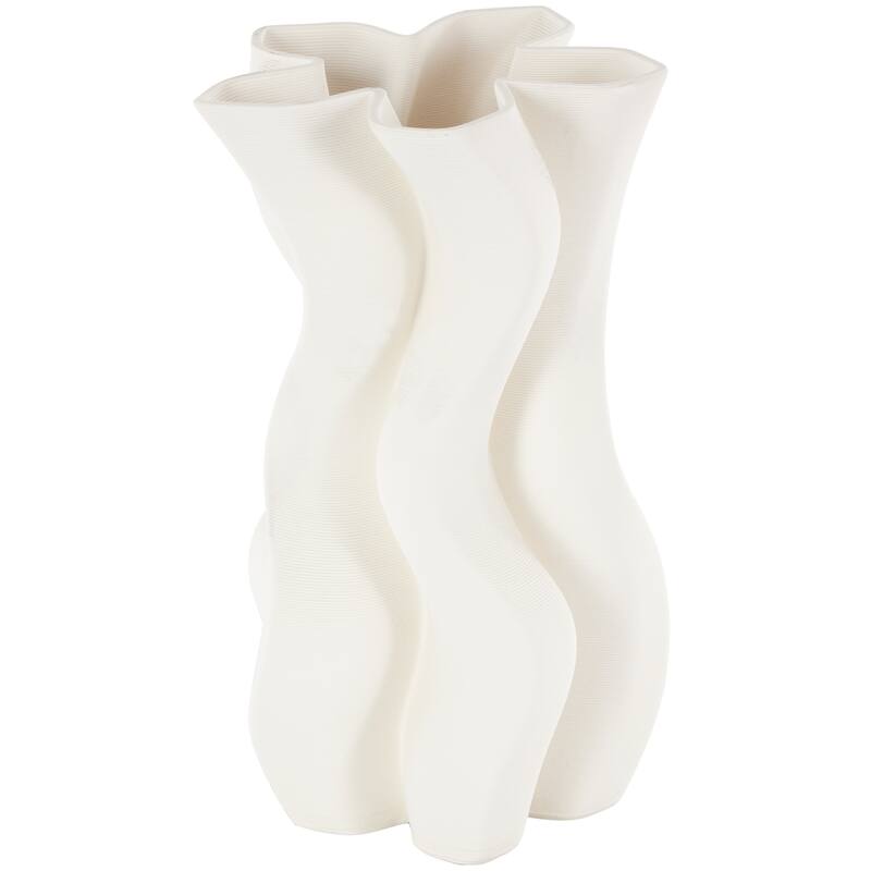 White Ceramic Ribbed Dimensional Wavy Abstract Vase with Floral Shaped Rim