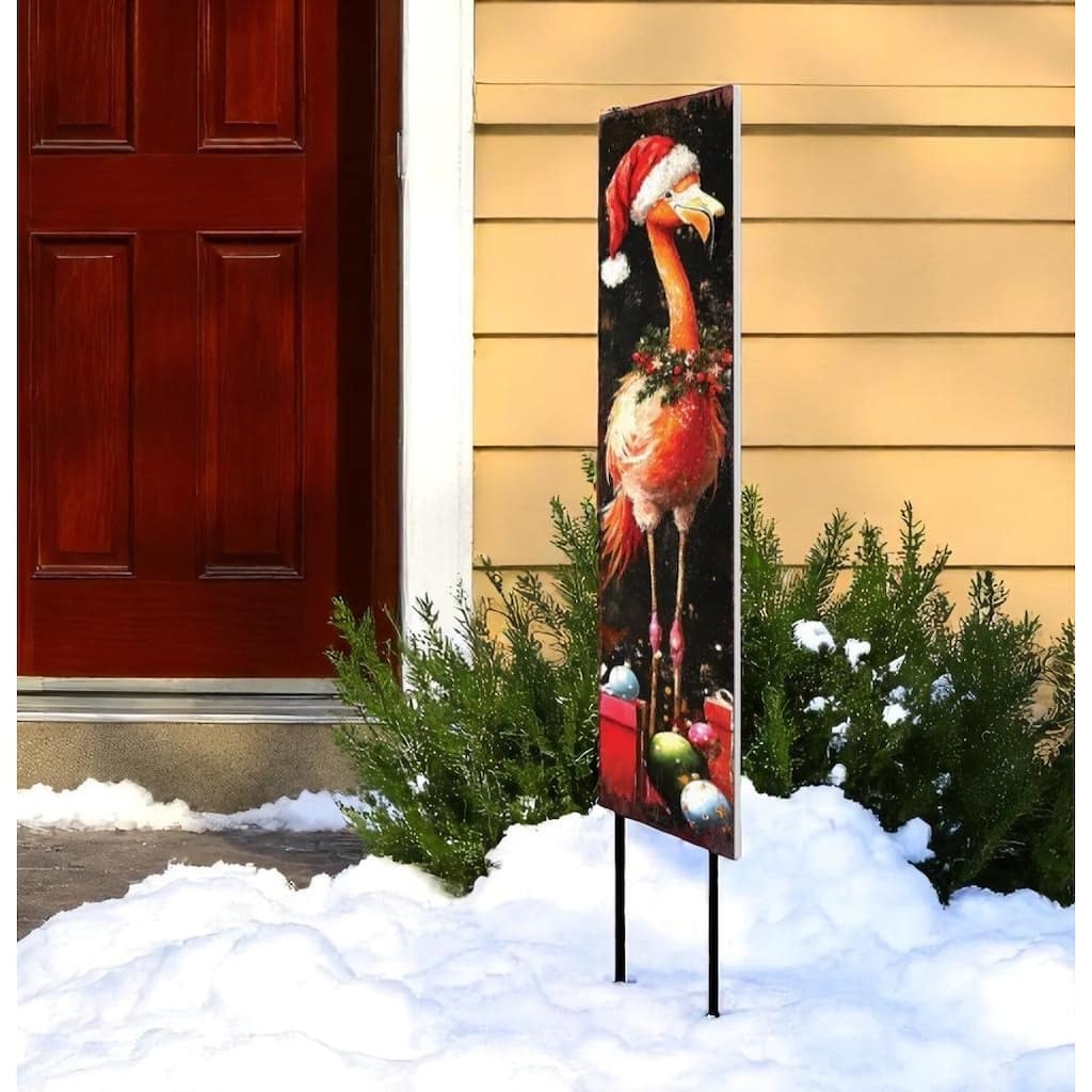 HomeRoots 42" Black And Coral Solid Wood Christmas Flamingo Garden Stake