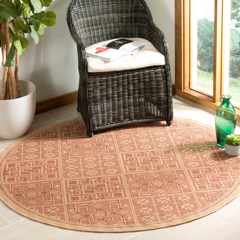 SAFAVIEH Courtyard Syeda Indoor/ Outdoor Waterproof Patio Backyard Rug - 7'10" Round - Natural/Brickred