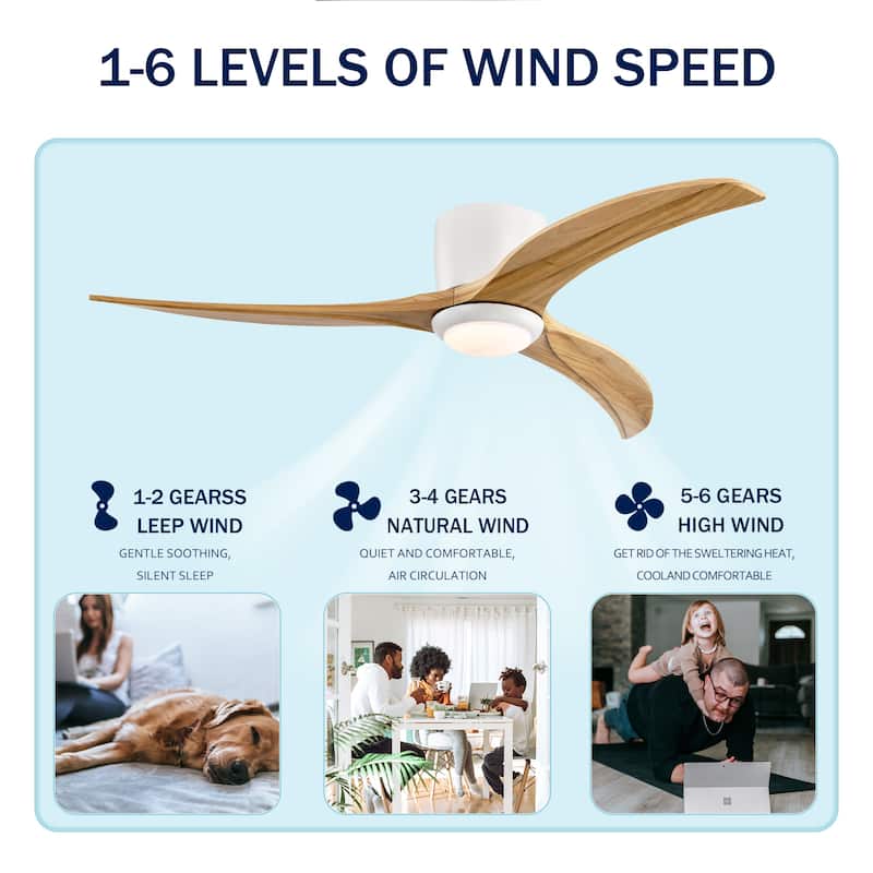52" Flush Mount Ceiling Fan Solid Wood Blades Ceiling Fan With Light With Remote Control,Noiseless Reversible Motor,6 Speed