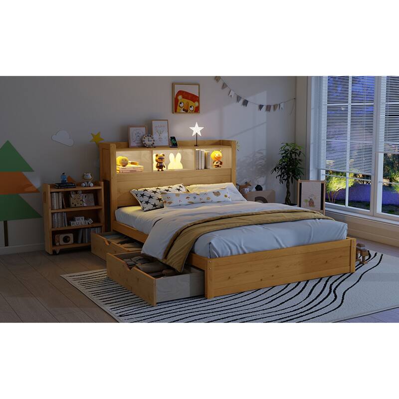 Roomfitters Twin/Full Platform Bed, LED Bookcase Headboard and Pull Out Storage Drawers with Wooden Frame for Bedrooms