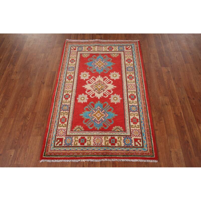 Red Kazak Foyer Rug Handmade Geometric Red Wool Carpet - 2'9" x 4'2"