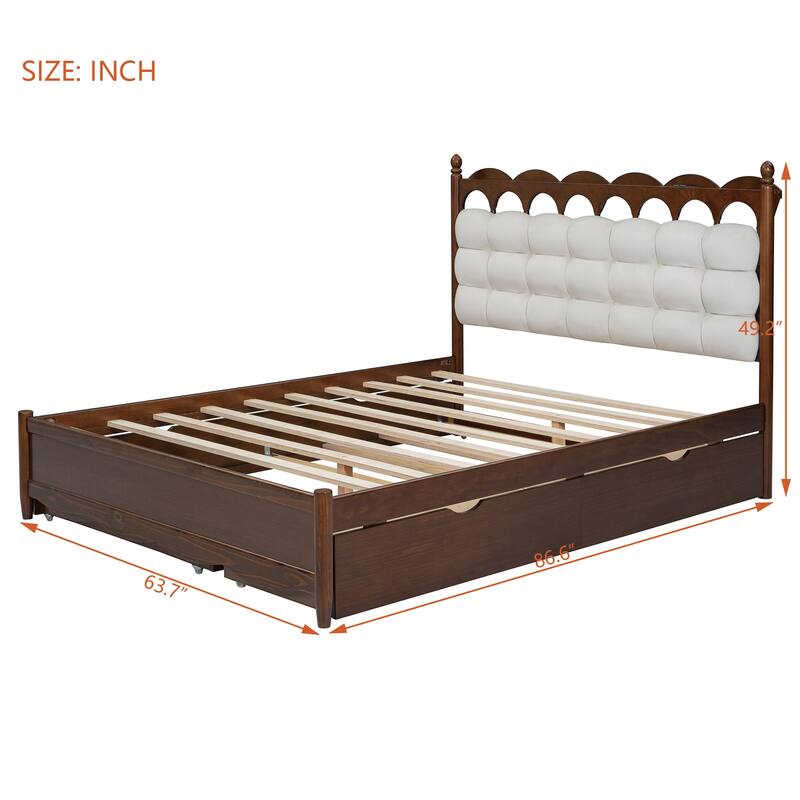 Queen Platform Bed with Trundle, 2 Big Drawers, USB & Power Outlets for Extra Storage