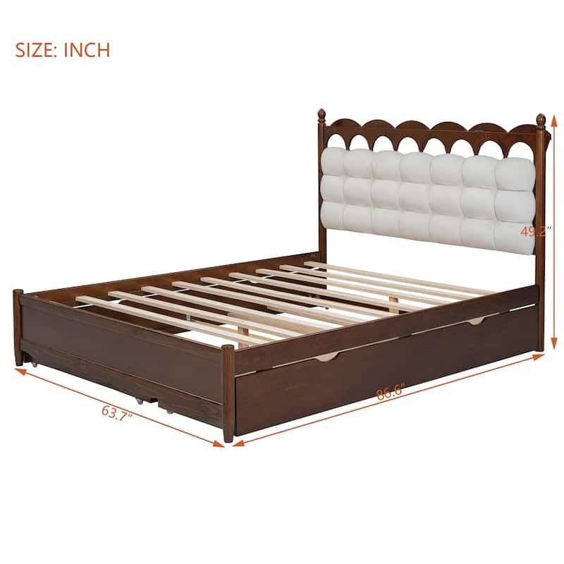 Roomfitters Queen Wooden Platform Bed with Trundle, Storage Base and USB Charging Ports