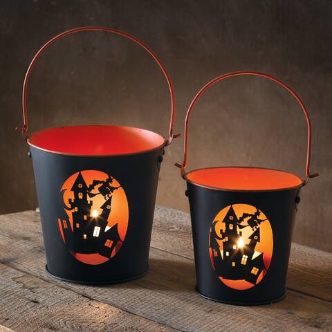 Set of Two Haunted House Bucket Luminaries - Largest is 10¾''W x 8¾''D x 9¾''H