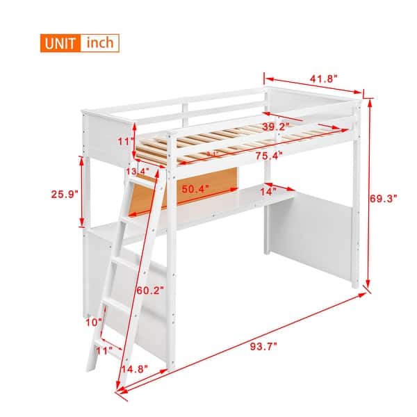 Solid Construction Twin size Loft Bed with Desk and Writing Board, Wooden Loft Bed