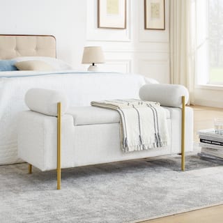 Roomfitters Upholstered Linen Storage Bench with Cylindrical Arms and Gold Metal Legs for Bedroom, Entryway, Living Room