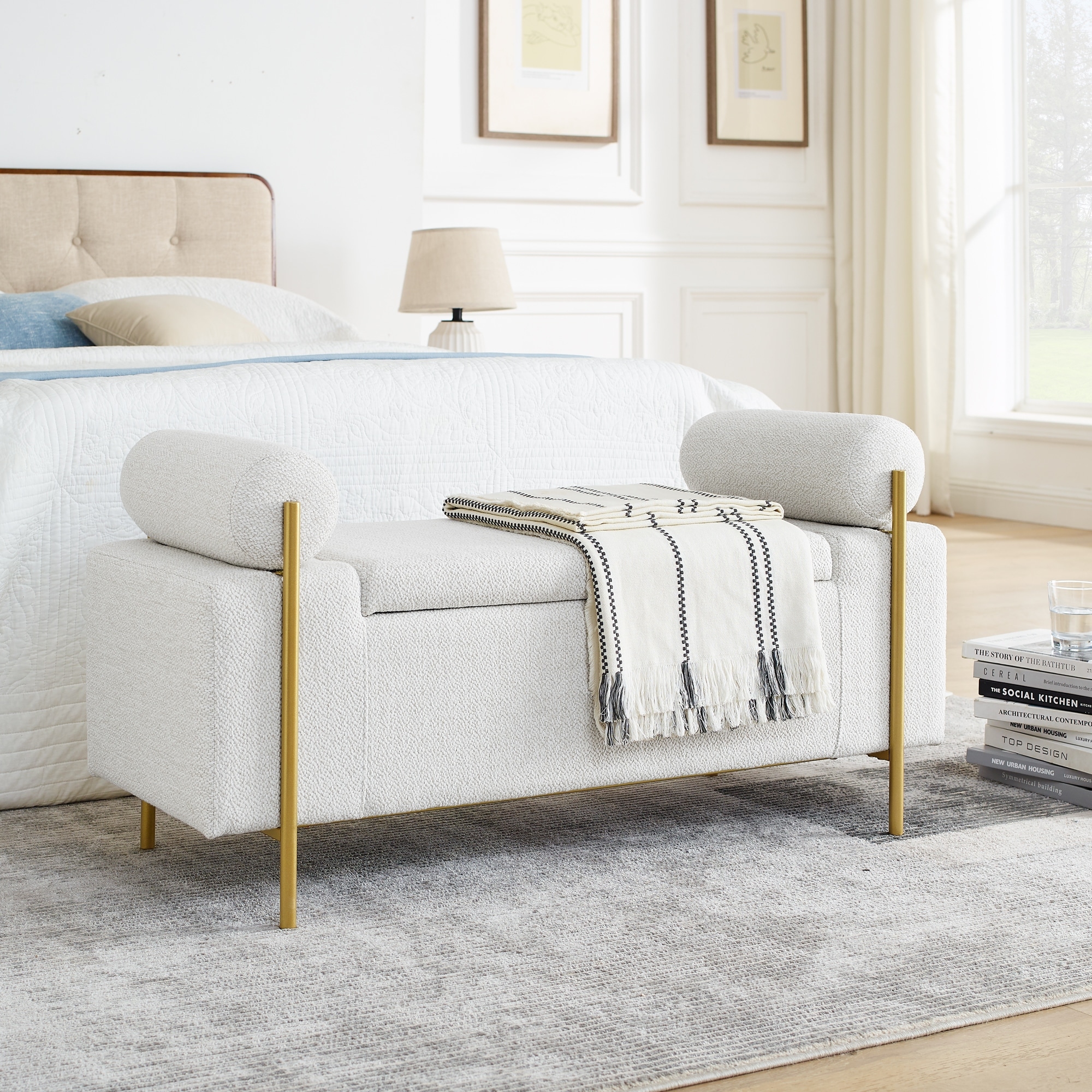 Roomfitters Upholstered Linen Storage Bench with Cylindrical Arms and Gold Metal Legs for Bedroom, Entryway, Living Room