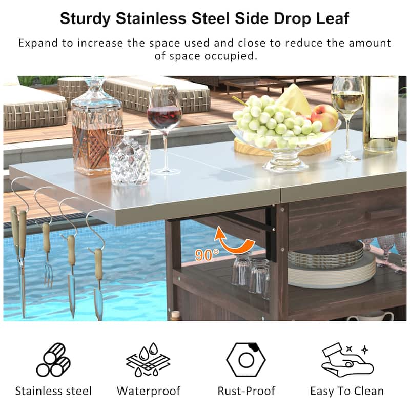 40.5" Outdoor Grill Cart with Stainless Steel Top, Rolling Buffet Serving Cart with Drop Leaf, Patio Kitchen Island Cart