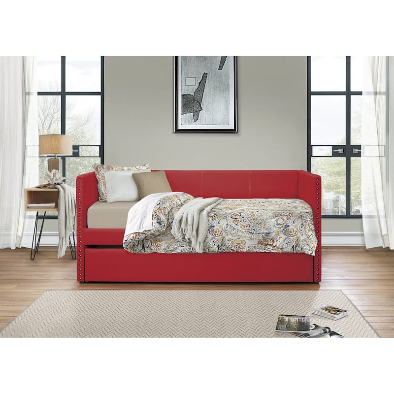 Fabric Upholstered Day Bed with Pull-out Trundle Nailhead Trim Wood