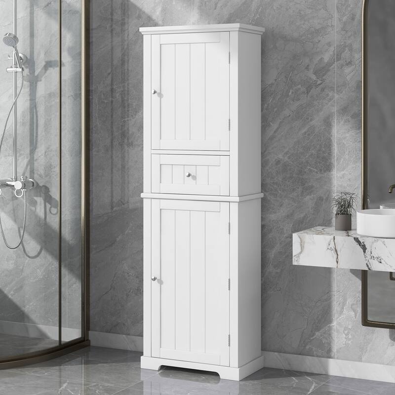 GDFStudio - Emery Tall Freestanding Bathroom Storage Cabinet with Drawer and Adjustable Shelves