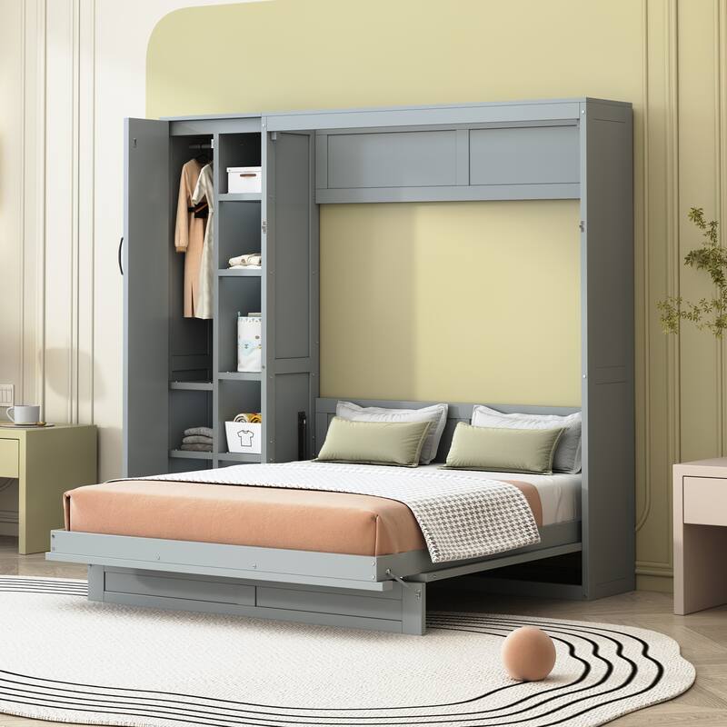 Space-Saving Full Size Wall Bed with Shelves, Wardrobe, and LED Lights, Gray
