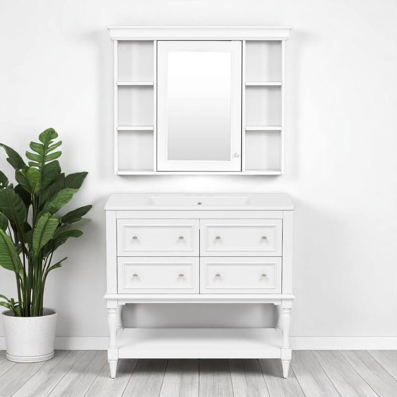 36"" Bathroom Vanity with Ceramic Sink and Medicine Cabinet, 4 Drawers, Storage Shelf, Solid Wood Frame,Bathroom Cabinet Set
