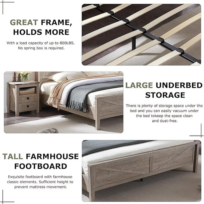 Farmhouse King Size Bed Frame with Storage Shelves & Charging Station