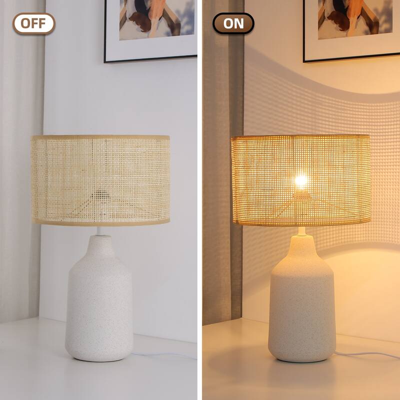 21 in. Boho Ceramic Table Lamp with Ceramic Base and Rattan Shade for Living Room, Bedroom, Dining Room