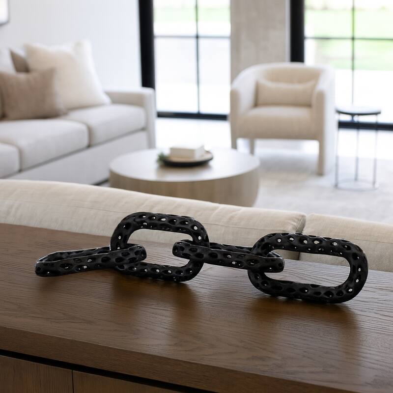 Metal Coastal Chain Sculpture with Textured Links and Openwork Design - 25" x 4" x 1" - Black