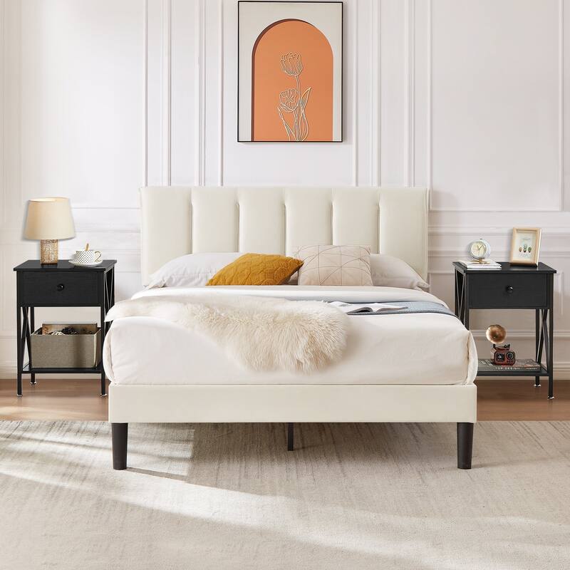 VECELO 3-Pieces Tufted Upholstered Beige Platform Bed Frame with Adjustable Height Headboard and Nightstands Set of 2 - Black - Full