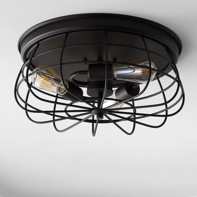 Curva 15.7" 3-Light Farmhouse Metal Cage Flush Mount, Oil Rubbed Bronze by JONATHAN Y
