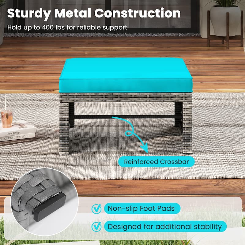 PE Rattan Outdoor Ottomans with Cushions, Footrest Seats or Tables - 16" L x 19" W x 9.5" H