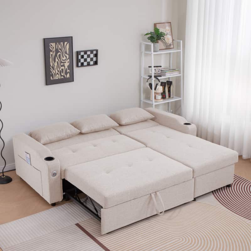 84"Adjustable Backrest Sofa Bed,3 in 1 Linen Sleeper with USB Ports & Cup Holders, Pull Out Couch Bed with Storage Chaise