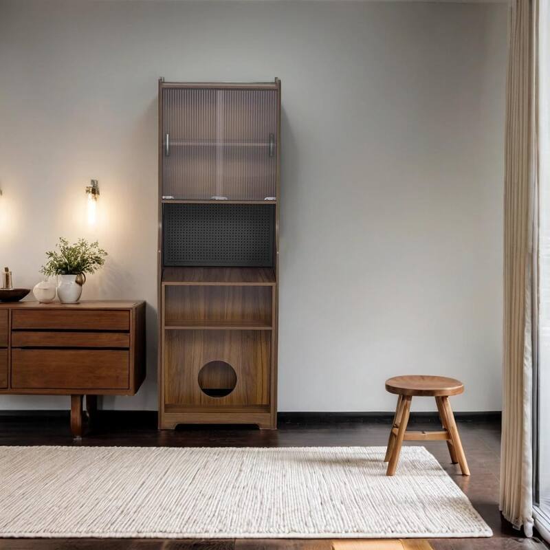 Folding Storage Cabinet Convertible Student Desks with Bookcase, Cat Sratcher and Round Hole All-in-one Writing Desk Corner Desk