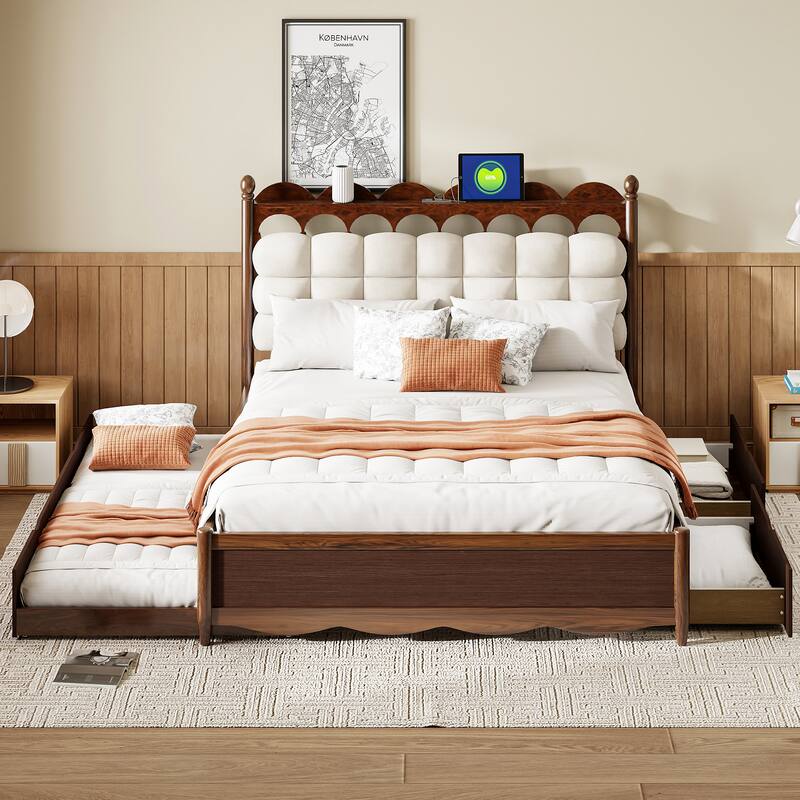 Queen Wooden Storage Platform Bed with Trundle, 2 Drawers, USB Sockets
