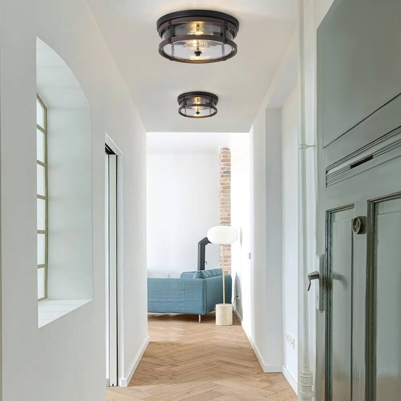 Oil Rubbed Bronze 2-Light Flush Mount Close to Ceiling Light with Seeded Glass Shade