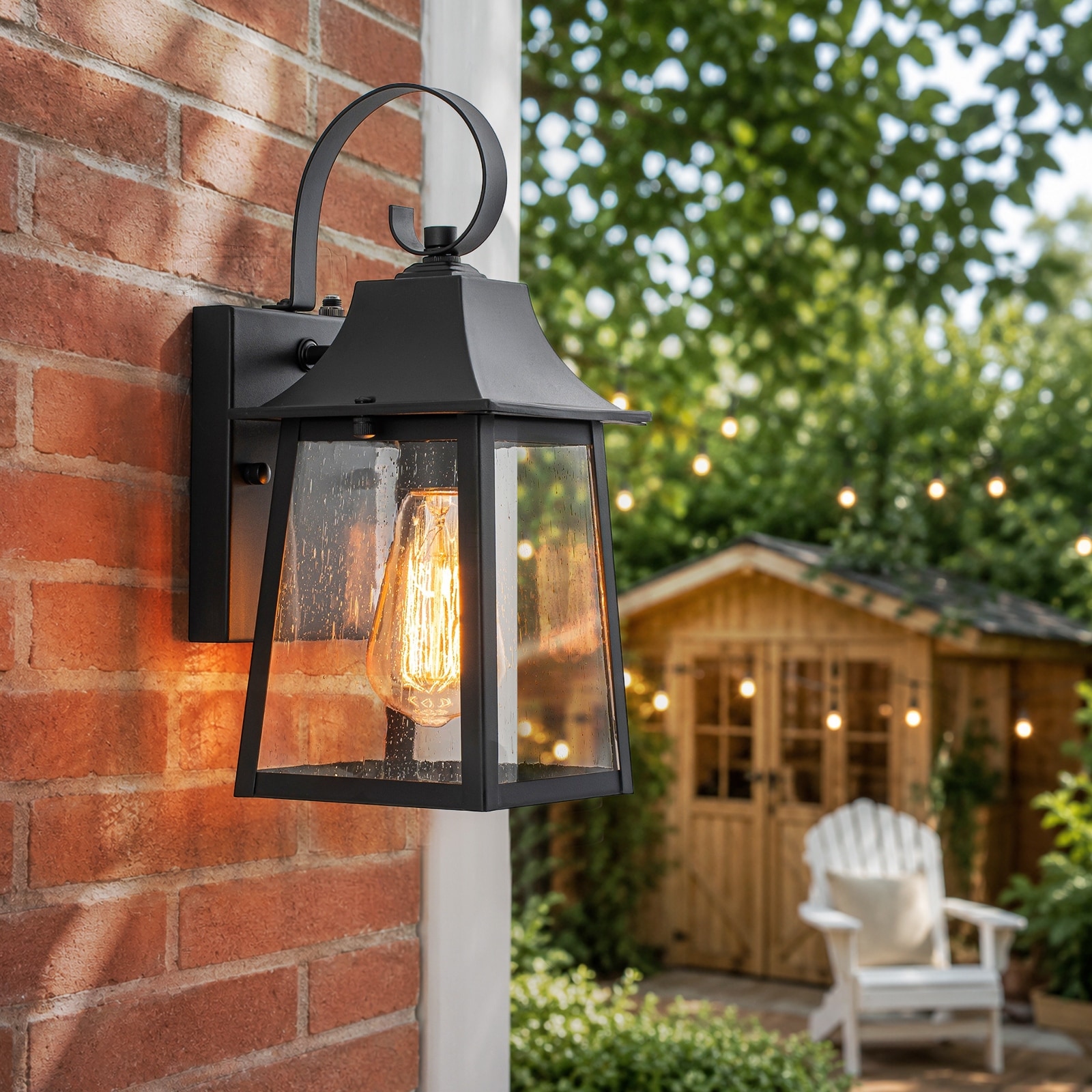 1-Light Black Modern Outdoor Wall Lantern with Clear Seeded Glass and Dusk-to-Dawn Light Sensor