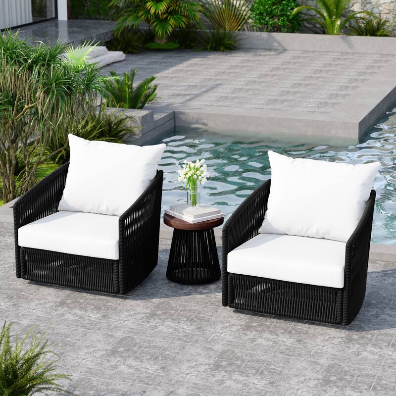 3 Piece Patio Woven Rope Swivel Chair Seating Group with Cushions