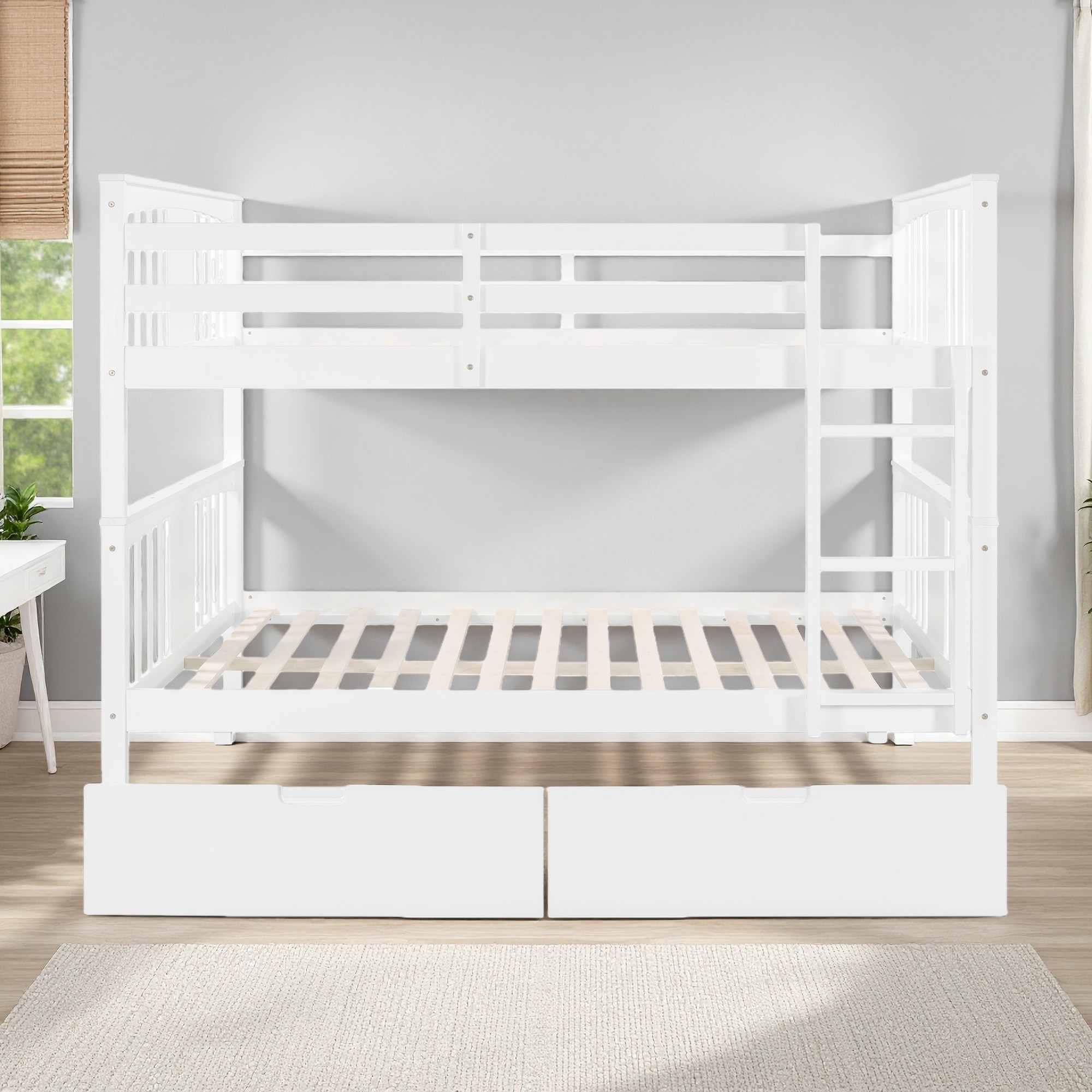 Full over Full Wood Bunk Bed with 2 Drawers & Ladder