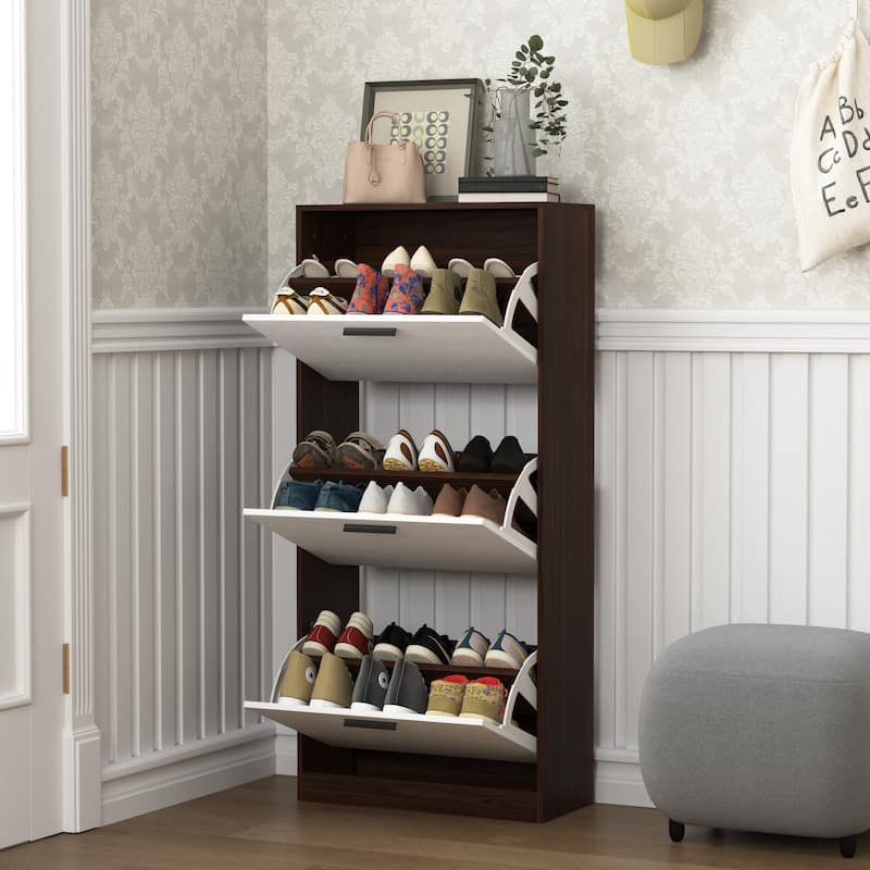 Shoe Storage Cabinet with 3 Flip Drawers, Freestanding Narrow Shoe Rack, Hidden Shoe Cabinet with Adjustable Panel