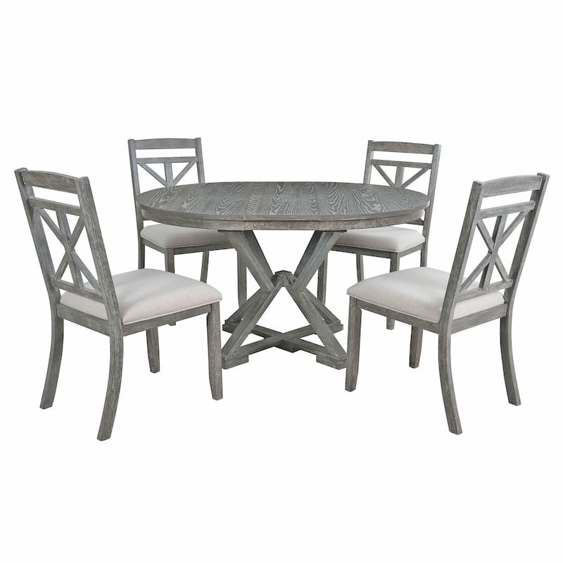 5-Piece Retro Functional Dining Table Set Extendable Round Table and 4 Upholstered Chairs for Dining Room and Living Room