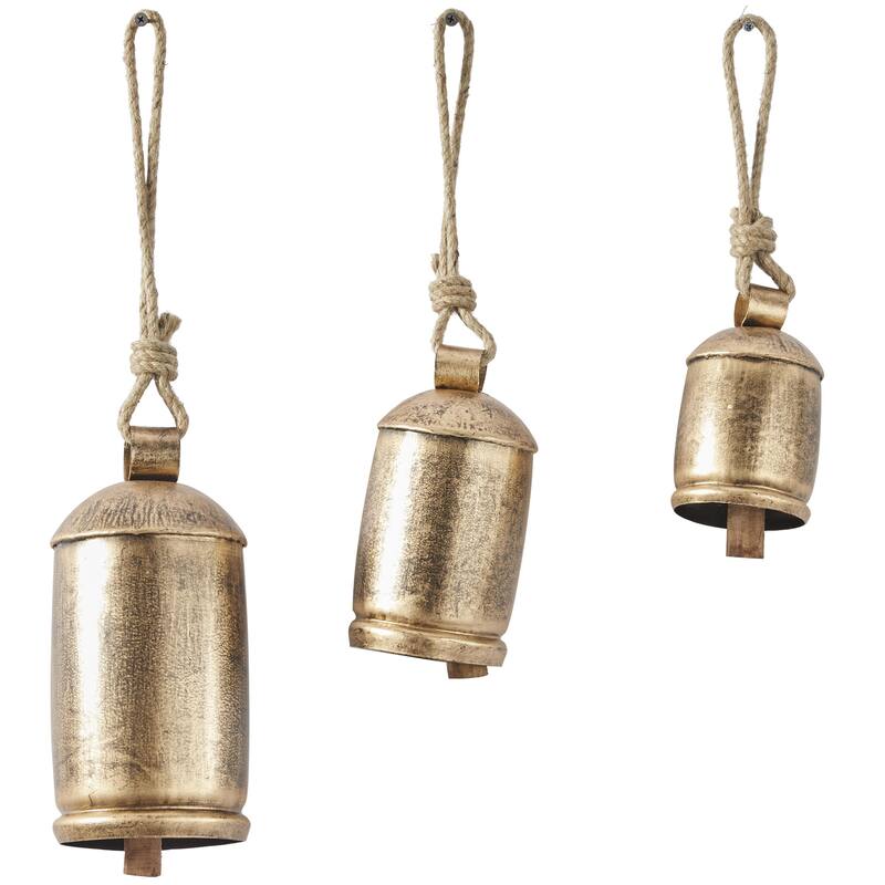 Metal Tibetan Inspired Decorative Cow Bells with Jute Hanging Rope - Set of 3 - Roche River Decor